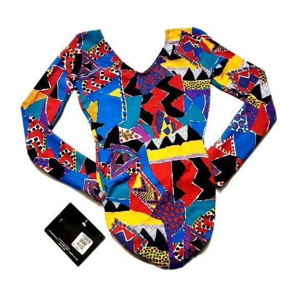 GK Elite VTG 90s Pop Culture Geometric LS Cotton Leotard Bodysuit AXS Adult XS - Picture 7 of 11